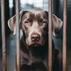 A close-up of a sad-looking brown dog with light eyes looking directly at the camera through the bars of a cage, possibly in a shelter or rescue in the Dallas-Fort Worth, TX area.