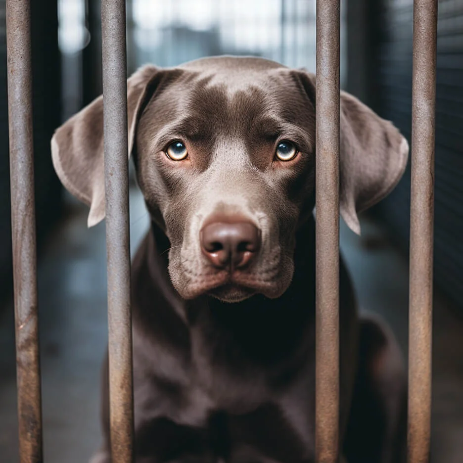 A close-up of a sad-looking brown dog with light eyes looking directly at the camera through the bars of a cage, possibly in a shelter or rescue in the Dallas-Fort Worth, TX area.
