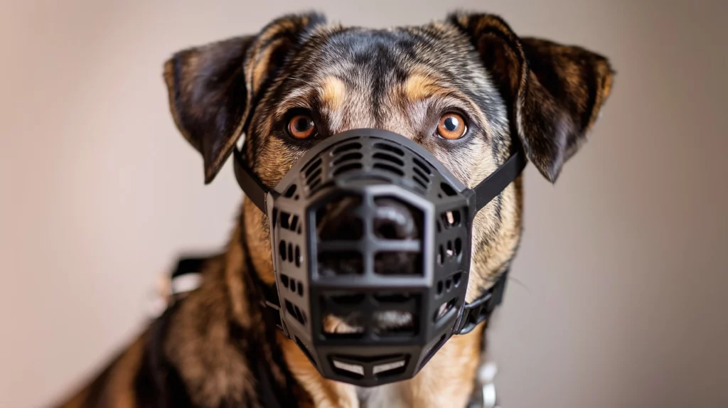Muzzled dog undergoing aggression and anxiety training at Off Leash K9 DFW in Dallas–Fort Worth, TX