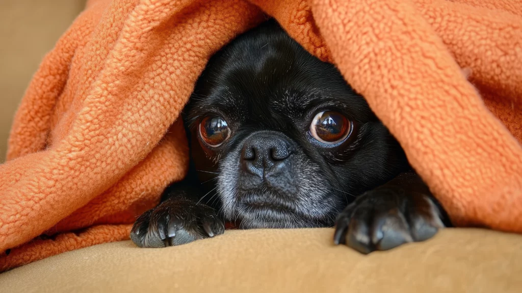 Black pug peeking out from under a cozy blanket during an Aggression & Anxiety Board & Train session at Off Leash K9 DFW in Dallas–Fort Worth, TX