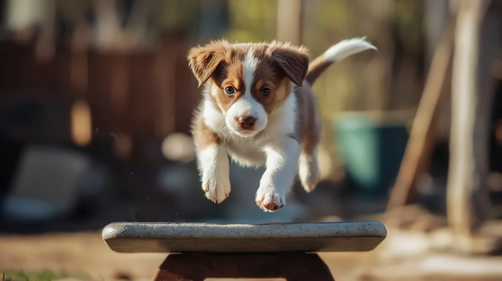 Puppy jumping onto a training platform during Basic & Advanced Dog Training at Off Leash K9 DFW in Dallas–Fort Worth, TX