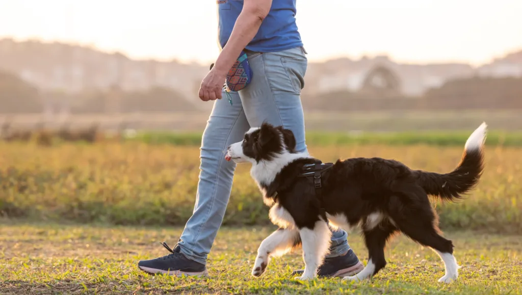 Border Collie walking alongside a trainer during a Drop-Off Day Dog Training session at Off Leash K9 DFW in Dallas–Fort Worth, TX