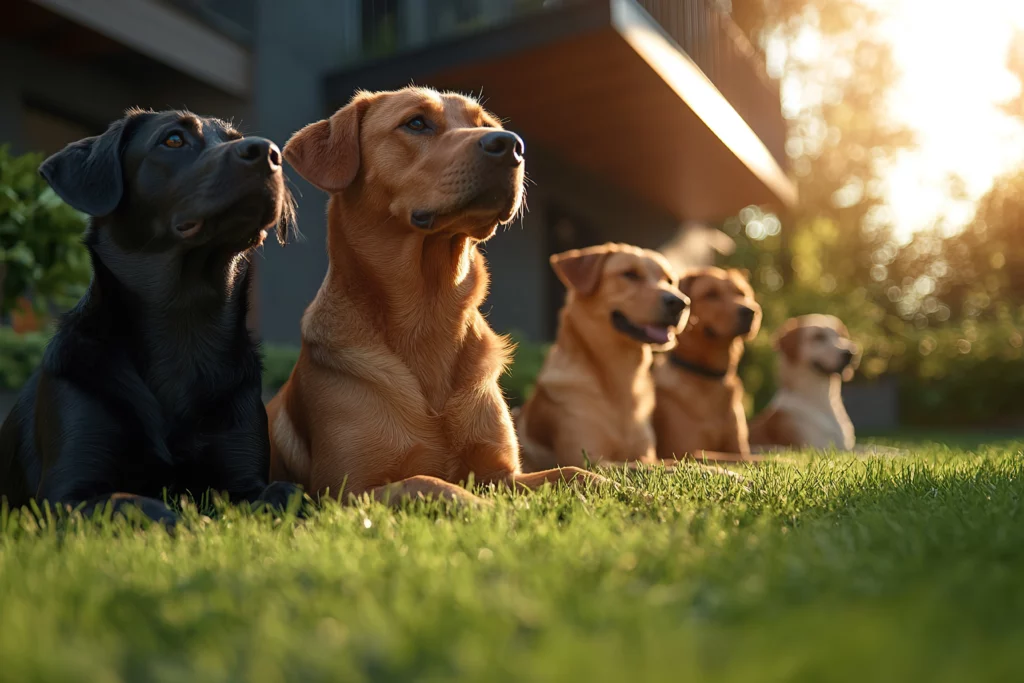 Four dogs lined up outdoors during a one-week Board & Train obedience program at Off Leash K9 DFW in Dallas–Fort Worth, TX