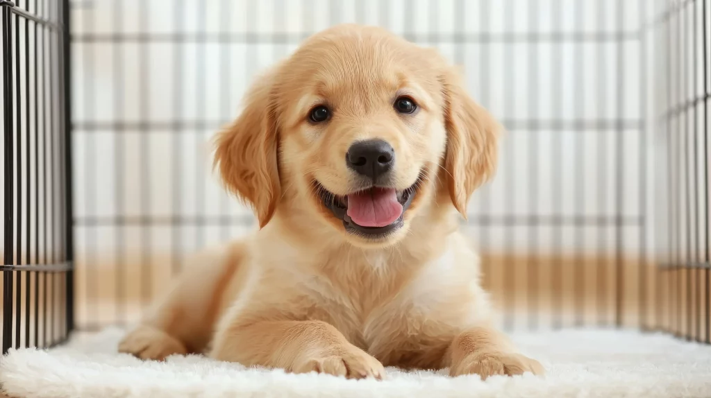 Golden retriever puppy practicing crate training in Off Leash K9 DFW’s puppy training program in Dallas–Fort Worth, TX