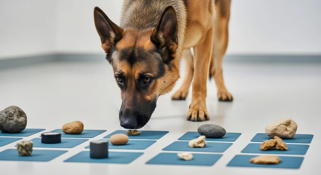 German Shepherd performing scent work training on scent detection cards at Off Leash K9 DFW in Dallas-Fort Worth, TX