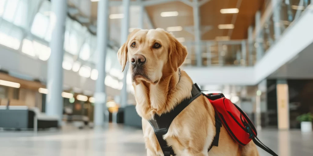 Golden Labrador therapy dog undergoing development training at Off Leash K9 DFW in Dallas–Fort Worth, TX