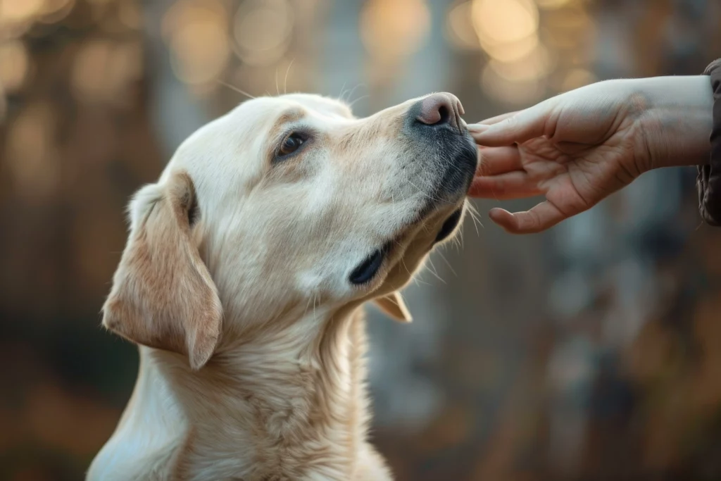 Labrador retriever receiving a reassuring hand touch during a two-week Puppy Board & Train program at Off Leash K9 DFW in Dallas–Fort Worth, TX
