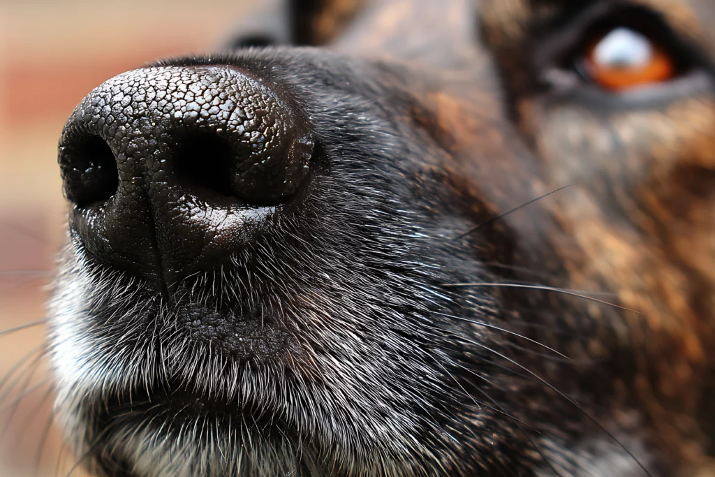 Close-up of a dog’s nose sniffing scent-work starter pack cards during scent dog training at Off Leash K9 DFW in Dallas-Fort Worth, TX