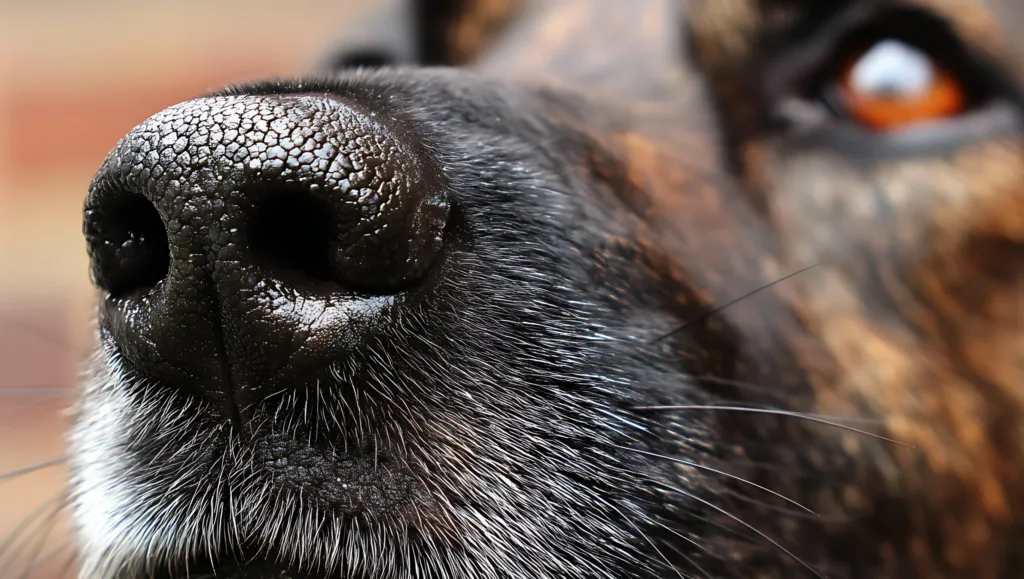 Close-up of a dog’s nose sniffing scent-work starter pack cards during scent dog training at Off Leash K9 DFW in Dallas-Fort Worth, TX