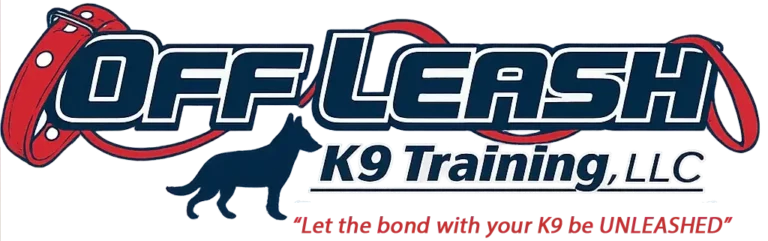 Off Leash K9 Training DFW logo featuring the company name, a dog silhouette, and the tagline "Let the bond with your K9 be UNLEASHED."