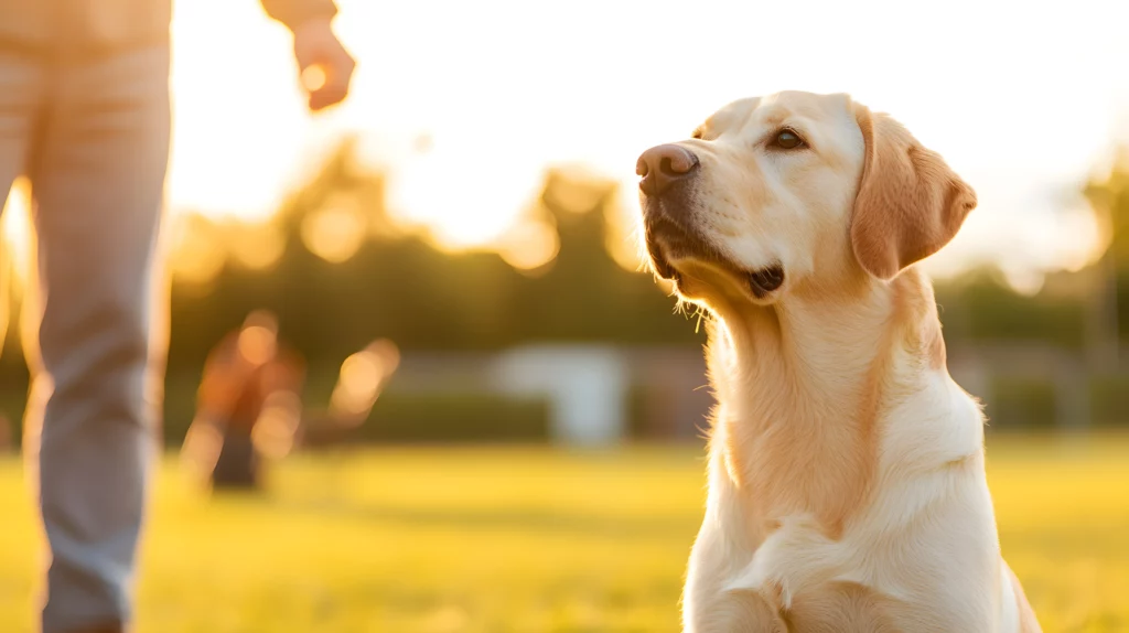 A golden Labrador Retriever dog looking up attentively at a person's hand in a sunny outdoor setting, likely at an Off Leash K9 DFW training session in Dallas-Fort Worth, TX.