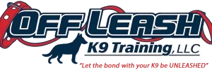 Off Leash K9 Training DFW logo featuring the company name, a dog silhouette, and the tagline "Let the bond with your K9 be UNLEASHED."